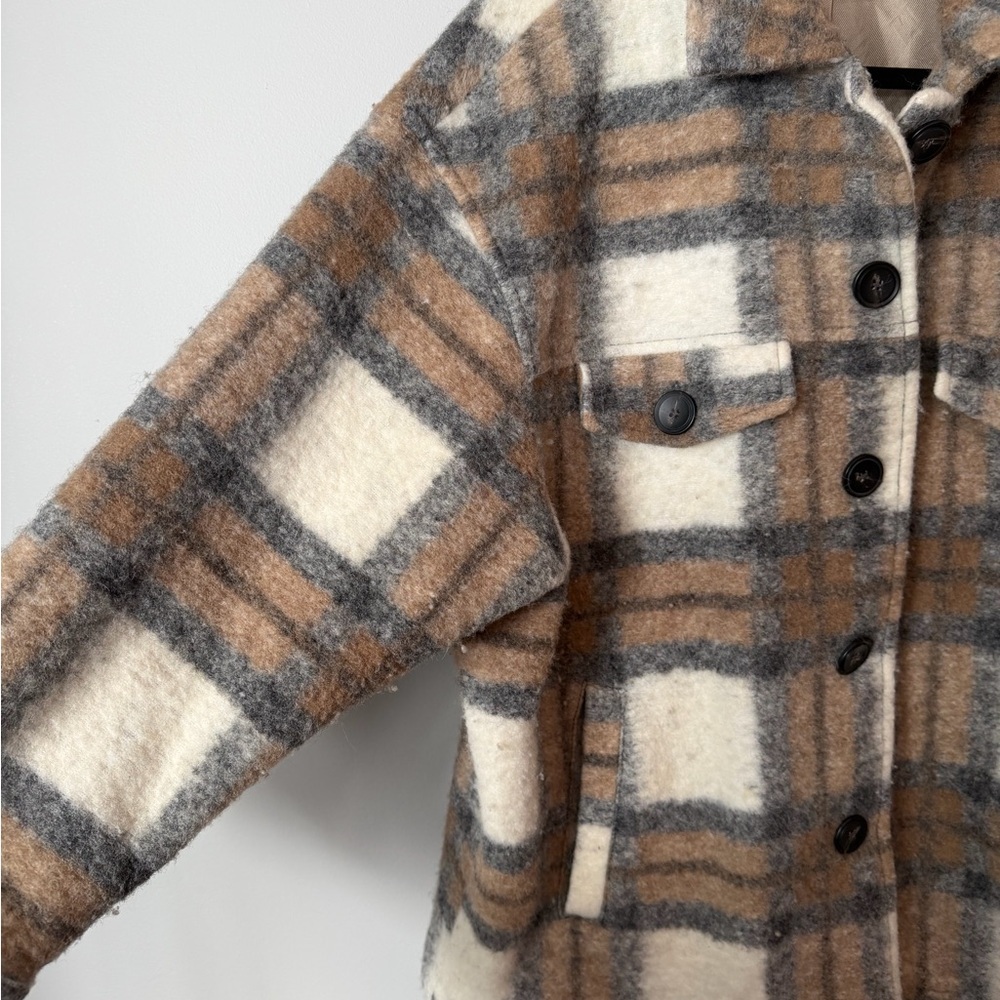 ZARA Plaid Wool Blend Shacket Jacket XXL Oversized Beige Brown Coat - Picture 6 of 6